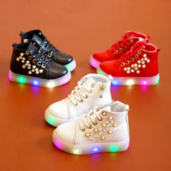 Děti dívky boty s plochou paty krajka up módní ležérní děti, dívky led světlo boty flash pearl crystal boty boty bílé růžové červené