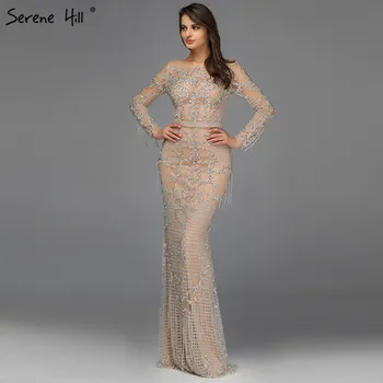 Dubaj Luxusní Dlouhý Rukáv Jiskru Střapce Večerní Šaty 2020 Flitry Navlékání korálků Sexy Robe De Soirée Plus Velikost BLA60707