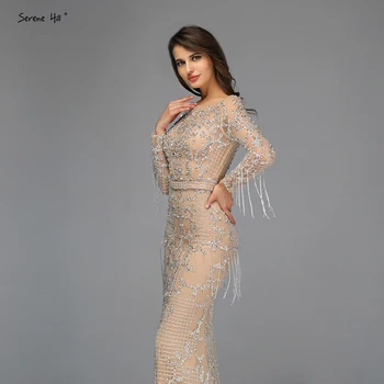 Dubaj Luxusní Dlouhý Rukáv Jiskru Střapce Večerní Šaty 2020 Flitry Navlékání korálků Sexy Robe De Soirée Plus Velikost BLA60707