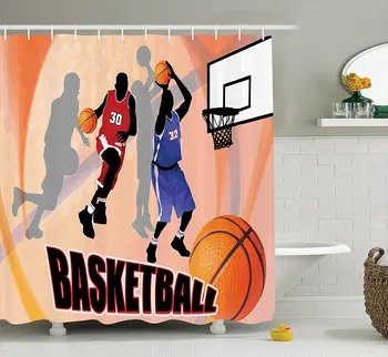 Sportovní Sprchový Závěs Sada Basketbalové Akce Hráčů Na Abstraktní Pozadí Klasické Plakát Stylu Obrázku Koupelna Dekor