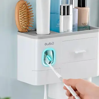 4 Šálku Montáž Na Zeď, Magnetické Adsorpce Obrácené Kartáček Držák Automatický Dávkovač Zubní Pasta Squeezer Koupelnové Doplňky Set