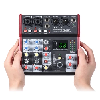 SM-66 4-Channel Zvuková Karta, Mixážní pult Mixer Vestavěný 16 Efekty s USB Audio Rozhraní Podporuje 5V Power Bank pro Live