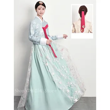 Ženy Korejské Tradiční Hanbok Šaty Retro Efektní Krajka Svatební Party Šaty Královská Princezna Elegantní Etnické Fázi Lidový Tanec Kostým
