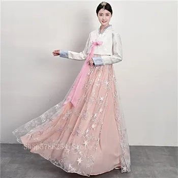 Ženy Korejské Tradiční Hanbok Šaty Retro Efektní Krajka Svatební Party Šaty Královská Princezna Elegantní Etnické Fázi Lidový Tanec Kostým