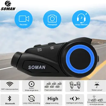 SOMAN Motocykl Vedio Fotoaparát, Bluetooth Headset 1080P Širokoúhlý Objektiv 1000m Group Intercom Helmu Headset Bluetooth Rekordér
