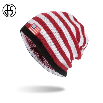 FS Červené Bílé Pruhované Americká Vlajka nakoupila čepice Pletené Kulichy Designer Bonnet Čepice Pro Ženy Muži Zimní Venkovní Teplé Zajišťovací Čepice