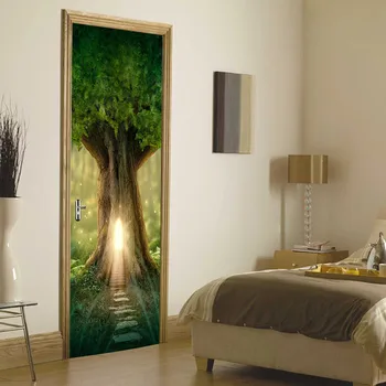 77*200cm 3D Fantasy Dům na Stromě Dveře, Samolepka PVC Samolepicí Vodotěsné DIY Dveře Tapety Pro Ložnici, Obývací Pokoj, Domácí Design