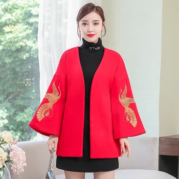 Na Podzim Roku 2020 Zimní Žen Čínský Styl Svrchních Křídel Pás Dámy Základní Kabáty Elegantní Výšivkou Rukáv Značky Kabát Plus Velikost