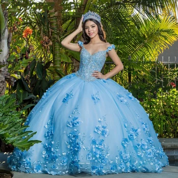 Nebesky Modré plesové Šaty Quinceanera Šaty vestidos de 15 años 2020 Nášivka s hlubokým Výstřihem Sladké 16 Šaty Průvodu Šaty