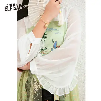 ELFSACK Zelená Originální Grafický Tisk Kontrastní Mesh Satén Šifon Šaty Ženy Létě roku 2020 ELF Dlouhý Rukáv Dámské Vintage Šaty