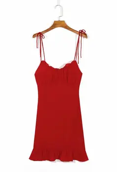 Retro volánky mini šaty ženy nastavitelný špagety popruhy červená černá elastická dovolenou módní letní šaty