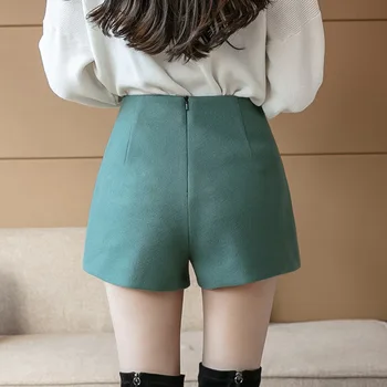 Korean Vysokým Pasem Vlněné Šortky Ženy 2020 Nové Podzimní Zimní Široká Noha Šortky Ženy Ležérní Dámské Zelené Šortky Femme