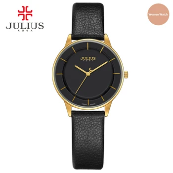 JULIUS Zlaté Hodinky z Pravé Kůže Quartz Retro Hodinky Ženy Elegantní Černá Stříbrná Stručný Módě Jednoduché Stylové Náramkové hodinky JA-957