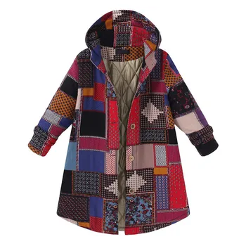 Zimní Bunda Ženy Kabáty S Kapucí Dlouhý Rukáv Vintage Dámské Zahustit Fleece Kabáty Tlačítko Dlouhý Svrchní Oděv Ženy Bunda Plus Velikost