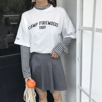 T-shirt Femme 2020 Korean Ulzzang Harajuku Pruhované Patchwork Falešné 2 Ks Rolák Dlouhý Rukáv trička Tričko Ženy Topy