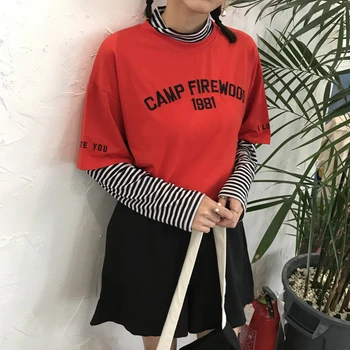 T-shirt Femme 2020 Korean Ulzzang Harajuku Pruhované Patchwork Falešné 2 Ks Rolák Dlouhý Rukáv trička Tričko Ženy Topy