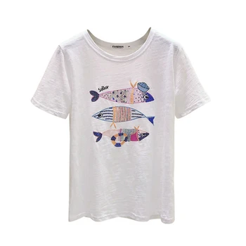 Gkfnmt Ženy Letní Casual T-Shirt, Výšivky, Flitry Fialové, Růžové, Bílé Tričko Bavlna Krátký Rukáv Ryby Topy Vysoce Kvalitní Oblečení