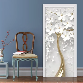 PVC samolepící 3D Dveře, Samolepky Bílé Květy Stromu Nástěnné Tapety Vodotěsné Obývací Pokoj Ložnice Samolepky Home Decor 3D