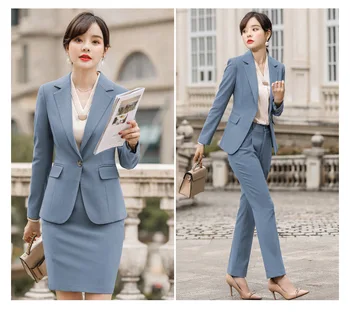 Sky Blue Pink Módní Ženy Sukně Oblek Obchodní Rozhovor Plus Velikosti Úřadu Dámské Elegantní Business Dlouhý Rukáv Pracovní Oblečení Set