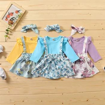 2020 Roztomilý Novorozené Dítě Dívka Pád Oblečení Prohrábnout Dlouhý Rukáv Plná Barva Kombinézu+Květinové Tisk Popruhy Sukně Čelenka Set 3ks