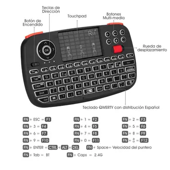 Rii i4 španělský Mini Klávesnice Bluetooth 2.4 G Dual Režimy Handheld Hmatník Podsvícená Myš Dálkové Ovládání Touchpad pro PC Android