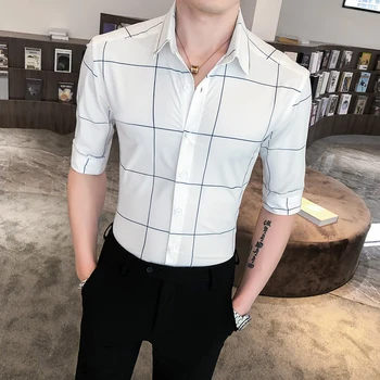 Britský Styl, Letní Office Košile pro Muže Módní 2020 Polovina Rukáv Muži Kostkované Košile Slim Fit Business Formální Oblečení Halenka Muži