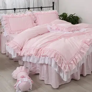 Jednobarevné růžové volánky luxusní sada povlečení bavlna princezna krajky vyšívané zahustit přehozy ropa de cama postel sukně YYX