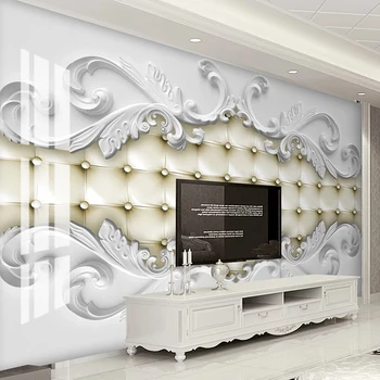 3D Bílé Omítky Kůže Měkká Taška Nástěnná malba Evropský Styl Ložnice Postele Obývací Pokoj TV Pozadí Zeď, Foto Tapety 3D nástěnné Malby