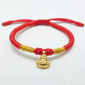 Nový Real 999 24k Žluté Zlato Náramek Ženy 3D Malý Buddha Korálek s Červeným Kabel Plést Náramek