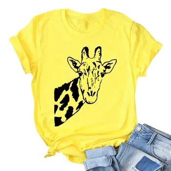 Žirafa Tisk Růžová Žena Trička Žluté Dámské Letní Harajuku Zábava Roztomilé Zvířecí Vzor T Shirt Ženy Ležérní Bílé Krátký rukáv