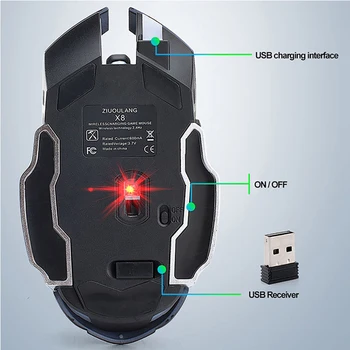 2400 DPI Myš Dobíjecí X8 Bezdrátová Tichá s LED Podsvícením USB Optická Ergonomická Herní Myš Dýchání Světelný Světlo