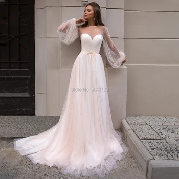 Okouzlující, Plné Perly Svatební Šaty A Linie 2021 Tylu Sexy Čiré Vysoká Krk Dlouhé Rukávy Podlaha Délka Otevřené Zpět Svatební Šaty