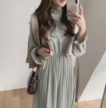 Korejské Ženy Šaty Letní Šaty Vintage Světlice Rukáv Vysoký Límec Šifon Šaty Elegantní A-Line Skládaný Elastický Pas Šaty