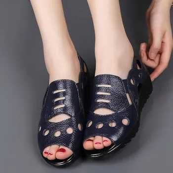 Ženy Sandály Originální Kožené Vysoké Klíny Pata Hollow Skluzu na Platformě Pevné Žabky Dámy Boty zapatos Mujer 8685W