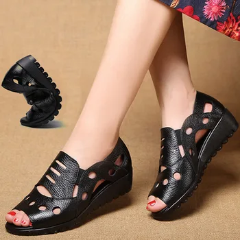 Ženy Sandály Originální Kožené Vysoké Klíny Pata Hollow Skluzu na Platformě Pevné Žabky Dámy Boty zapatos Mujer 8685W
