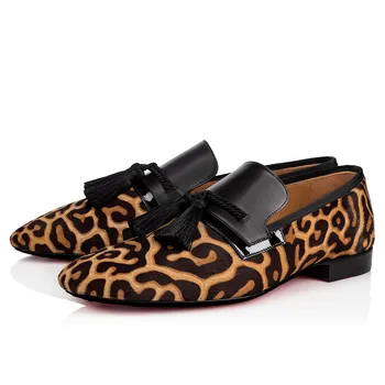 Jarní leopard tisk kožené pánské šaty, boty skluzu na žíně byty módní černý střapec boty muži Muži Mokasíny