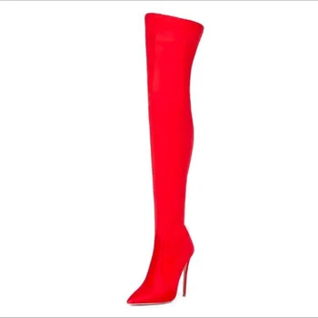 Růže Červené Dlouhé Boty Ženy Špičaté Toe Boty Tenké Vysoké Podpatky Boční Zip Botičky Sexy Ženy Boot Zimní 2019 Nové