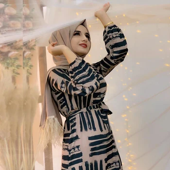 Siskakia Maxi Šaty Elegantní Ženy Módní Květinové Tisk O Krk Lucerna Plný Rukáv Volánky Lem Šaty Dlouhé Muslimské Oblečení Eid