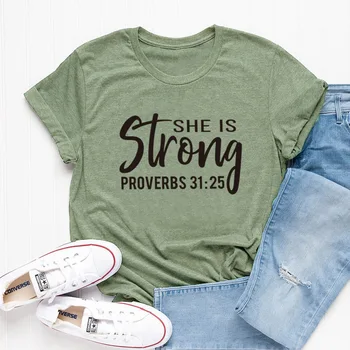 Ona je Silná, Přísloví T-Shirt Ležérní Vtipné, Stylové Bavlněné Graphic Tee Bederní Křesťanské Náboženské Tumblr Topy Ježíš tričko