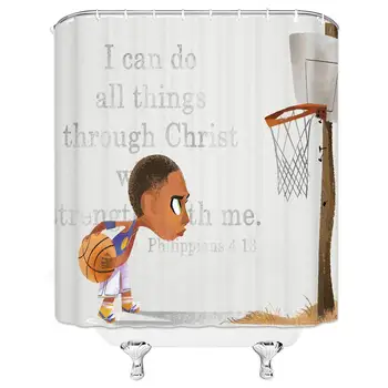 Kluk Sport Sprchový Závěs Basketbal Inspirující Motto Dekor Dítě Drží Basketbalový Koš Bible Slonová Kost Hnědá
