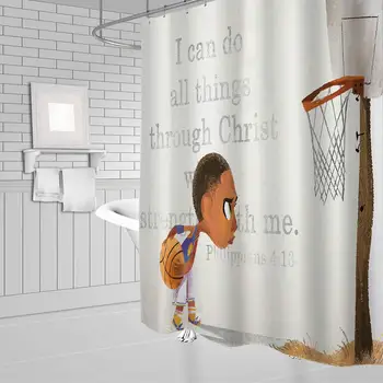 Kluk Sport Sprchový Závěs Basketbal Inspirující Motto Dekor Dítě Drží Basketbalový Koš Bible Slonová Kost Hnědá