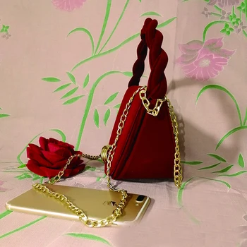 2019 Ženy vintage taška červená Sametová kabelka pro dámy řetězce Tašky přes Rameno Retro Sedlo taška Elegantní Pletená rukojeť Večeři Kabelka