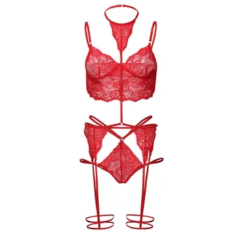 Červená Sexy spodní Prádlo 3 Ks Sada Transparentní Krajky spodní Prádlo Set Podvazkový Porno Babydoll Erotické Oblečení Ženy G-string Kalhotky Kleště