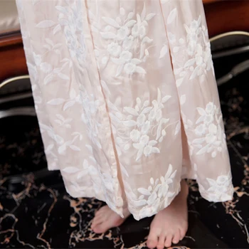 Luxusní Ruční Výšivky Žena Spaní Plášť Sexy Krajky Volné Hedvábné oblečení na Spaní Ženské Župan Kimono Růžové, Bílé LMR03