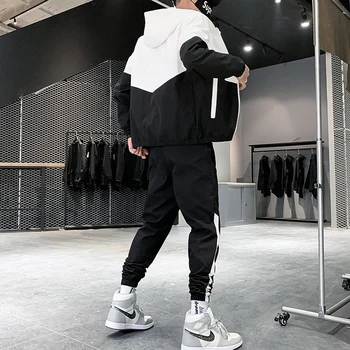Dropshipping Patchwork Hip Hop Ležérní Pánské Sady 2020 korejský Styl 2 Kus Sady Oblečení Streetwear Muži Mužské Fitness Tepláky