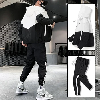 Dropshipping Patchwork Hip Hop Ležérní Pánské Sady 2020 korejský Styl 2 Kus Sady Oblečení Streetwear Muži Mužské Fitness Tepláky