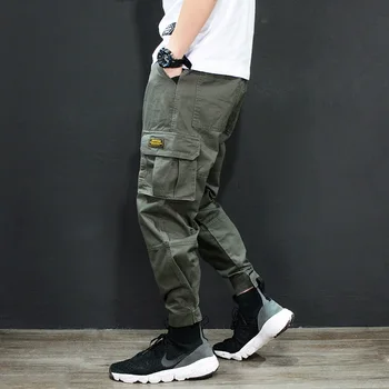 Módní Japonský Styl Pánské Džíny Jogger Kalhoty Červená Černá Zelená Barva Loose Fit Multi Kapsy Cargo Kalhoty Muži Hip Hop Džíny Homme