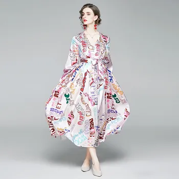Podzimní Runway Designer Vintage Maxi Šaty Ženy V-Neck jednořadového Dopis tisk dlouhý Rukáv Dlouhé Šaty S Páskem