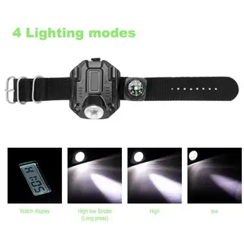 Přenosné LED Náramkové Hodinky Světelný USB Rechargerable 4 Režimy Noc Camping Svítilna Multifunkční Svítilna S Čas Zobrazení Kompasu