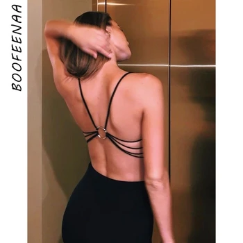 BOOFEENAA Sexy Otevřené Zpět Crop Topy pro Ženy Oblečení Streetwear Černé Bílé Špagety Popruh tílko v Létě 2021 C76-AG10